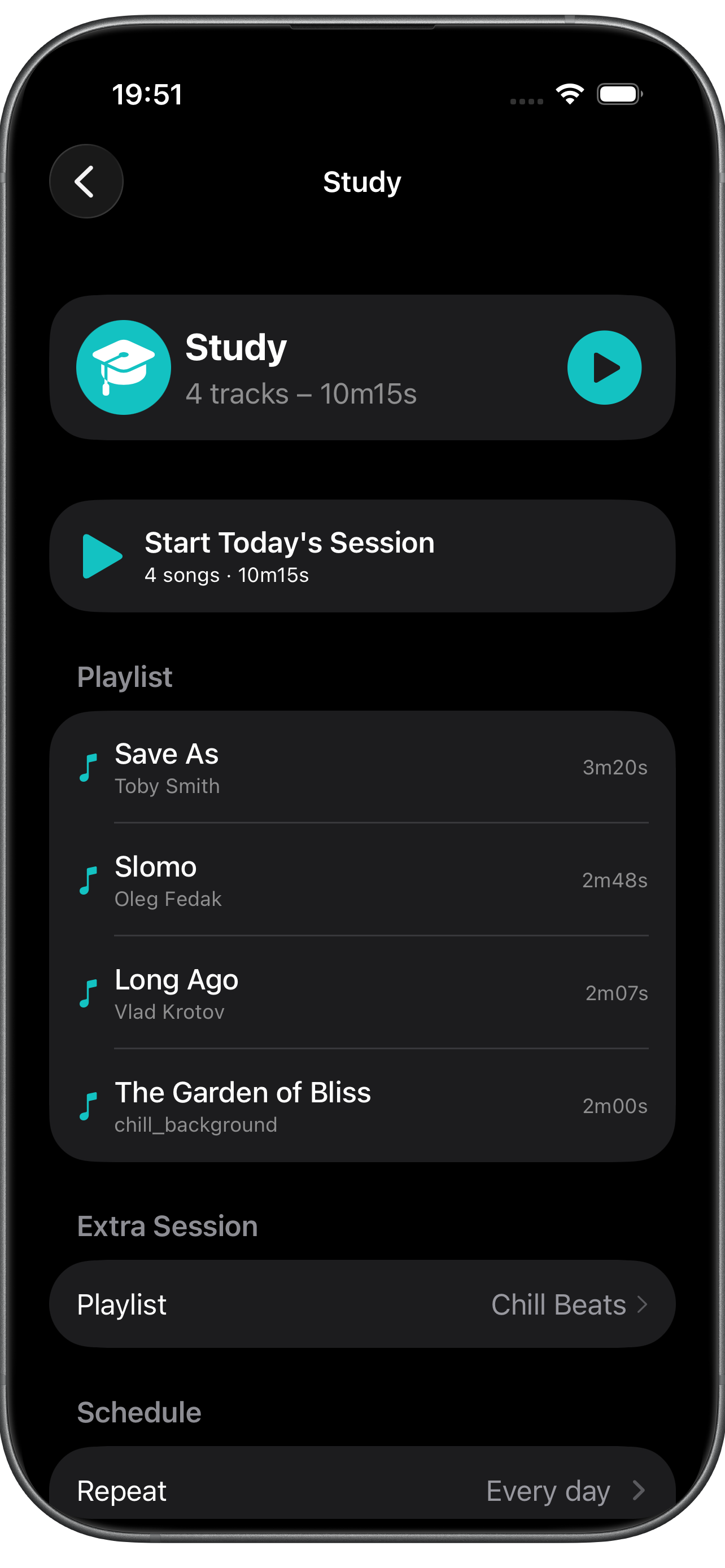 Habit detail — playlist, schedule, and extra session